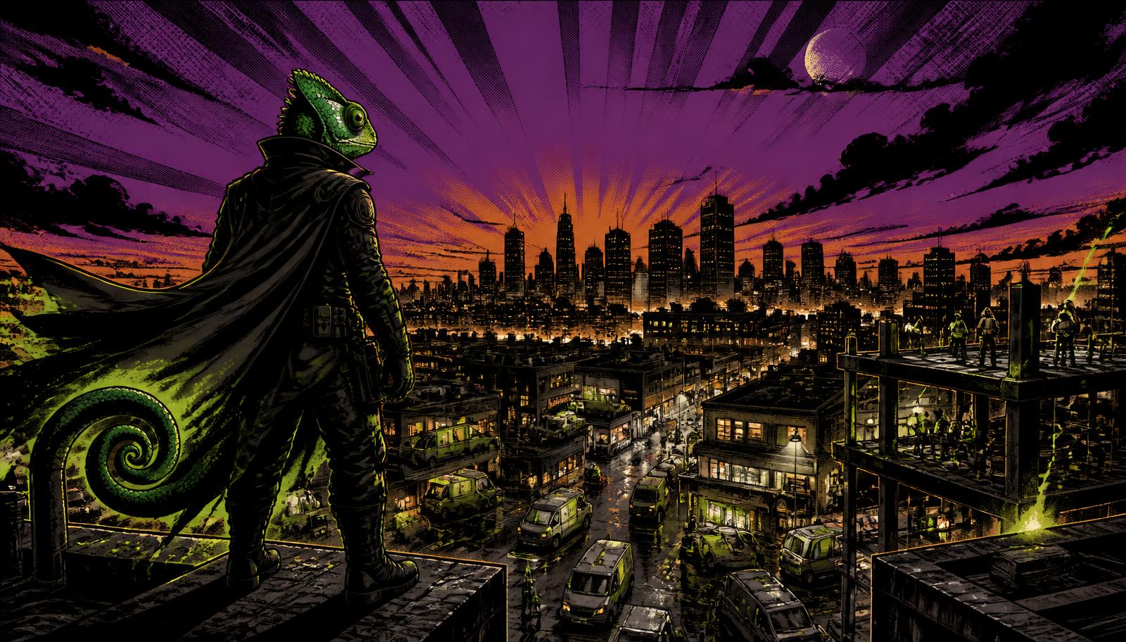 Chameleon guardian overlooking a night city full of service businesses