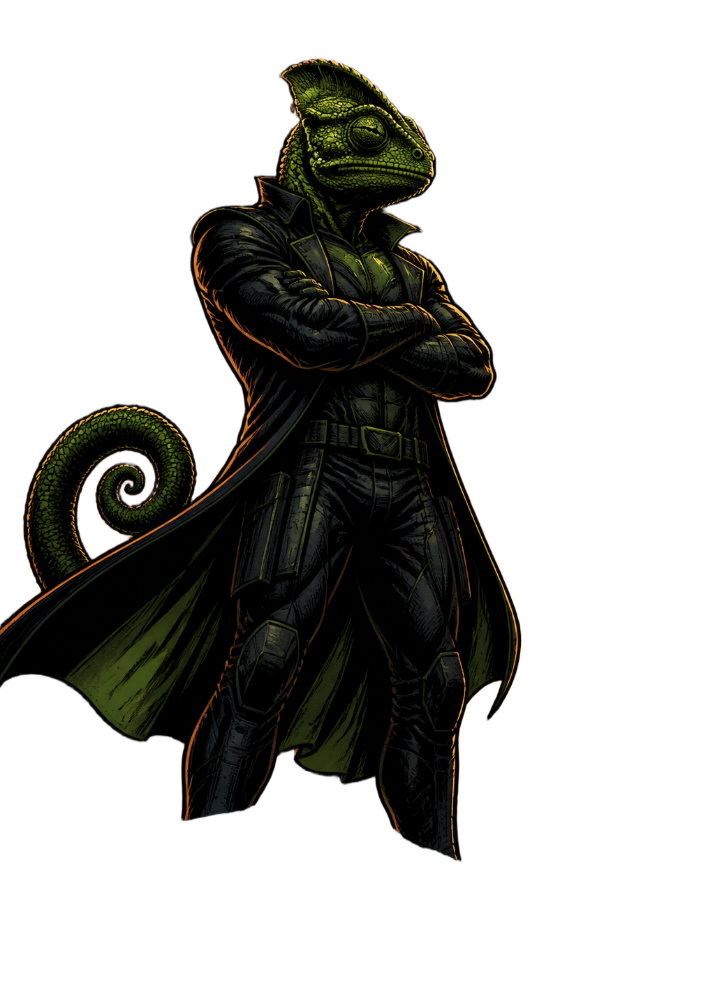 Chameleon-CRM guardian character with arms crossed overlooking a city at dusk