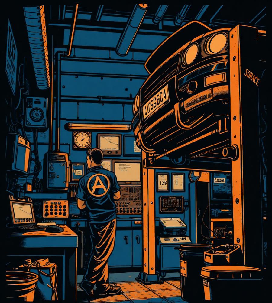 Mechanic working in an auto repair shop with a car on a lift