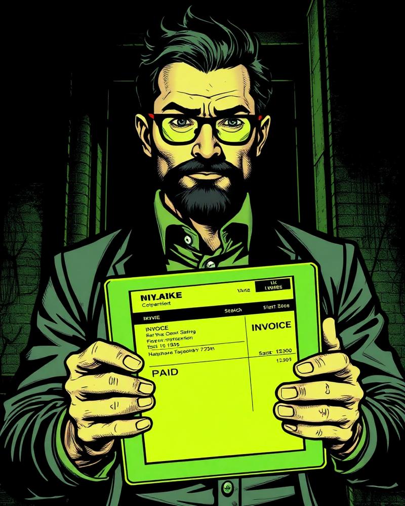 Business owner holding a tablet showing a paid invoice