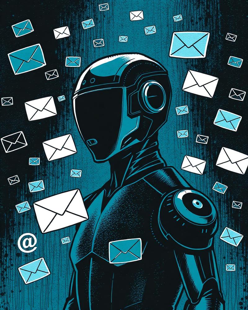 AI automation character surrounded by message and notification graphics