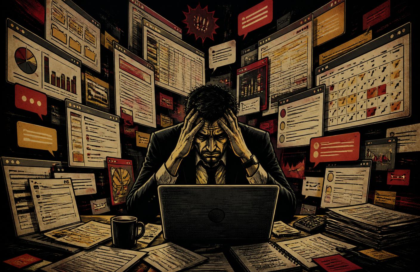 Stressed business owner surrounded by floating software windows, invoices and calendars